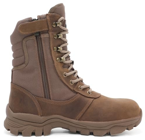 DahWe Men's Tactical Boots with Steel Toe Side Zipper 8 inch Lightweight Comfortable for Military Combat Hiking Logger Riding Motorcycle Law Enforcement Police/8 Brown US 8.5