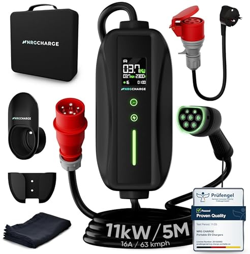 NRG CHARGE Cavo di ricarica tipo 2 con spina CEE [3 fasi, 7 m, 6-16 A] - stazione di ricarica da parete mobile e caricabatterie EV - ricarica rapida auto elettrica - compatibile con VW, Tesla, BMW