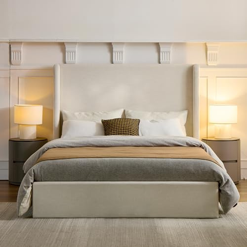 NTYUNRR Queen Size Upholstered Platform Bed Frame, 54 High Headboard Carmen Wingback Bed, Fully Upholstered Mattress Foundation, No Box Spring Needed No Noise, Minimalist, Textured Ivory