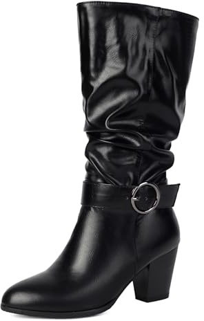 Klarmar A Enfiler Bottes Mi-Mollet Femme Bloc Bottes Slouch Loose Bout Rond Large Calf Boucle Noir Taille 44 EU/46