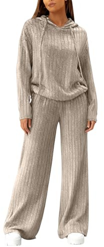 Ribbed Lounge Wear Co Ord Sets for Women - UK 2 Pieces Tracksuit Full Set Ladies Pjs Loungewear Sleepwear Homewear 1-Khaki M