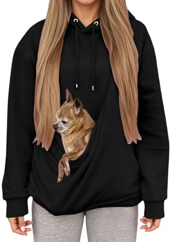 Sweat à Capuche Femme avec Grande Poche Kangourou Fonctionnelle,Pull de Transport pour Chat et Chien,Sweatshirts pour Amoureux des Animaux domestiques (Black, L)