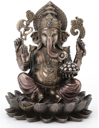 Veronese Design 9 7/8 Inch Lord Ganesha Sitting on Lotus Hindu God Antique Bronze Finish Resin Statue
