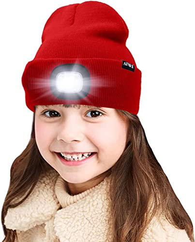 ATNKE Kids LED beleuchtete Mütze mit Licht, USB Wiederaufladbare 4 LED Scheinwerfer wasserdichte Winterwärmer Strick Nachthüte mit leichten Jungen Mädchen/Red