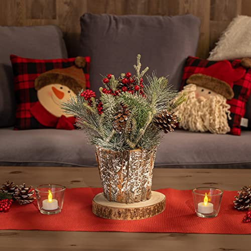 com-four® Deko-Gesteck Weihnachten - Tolle Tischdeko im Rinden-Topf für die Adventszeit - Kleiner winterlicher Tischschmuck mit roten Beeren, Dekoschnee, Zapfen (36cm grüne-weiße Zweige mit Beeren)