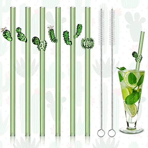 Meanplan 6 Pcs Reusable Glass Straws with Design, 8 mm x 7.9 Inches Cactus on Green Straws with Cleaning Brush for Smoothie Cocktail Juice Shakes Beverages