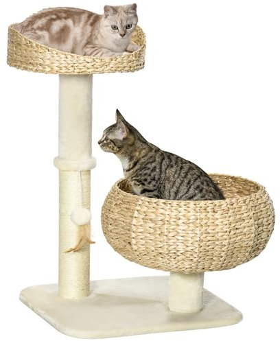 PawHut Kratzbaum, 72 cm, Kletterbaum mit 2 Katzenbetten, Katzenbaum mit Kissen, Spielball und Sisalsäulen, Spielbaum, Katzenkratzbaum, Beige+Cremeweiß