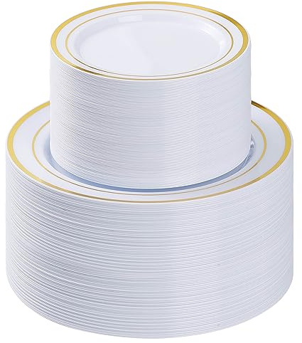 BESTVIP 200PCS Gold Plastic Plate, Disposable Party Plates with 100 Dinner Plates and 100 Dessert Plates, Plastic Plates for Party, Wedding and Birthday