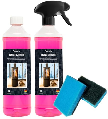 Rengörare för eldstad och ugnsglas | 2 x 1 liter | rengöringsmedel för att ta bort envis smuts på kamin- och ugnsglas I inkl. 1 x svamp och spruta