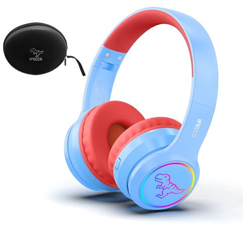 IFECCO Casque Audio Enfant Bluetooth avec Microphone,Lumière LED Dinosaure Écouteurs avec Etui,Enfant Casque sans Fil Bluetooth pour Ecole Tablette Téléphone