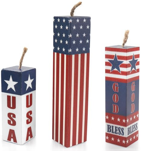 ABTOLS 3 vassoi patriottici a più livelli con fuochi d'artificio, decorazione da tavolo in legno per il 4 luglio, decorazione rustica per fuochi d'artificio USA, centrotavola per tavoli domestici