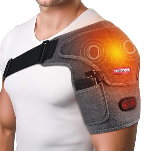 comfheat Cordless Shoulder Heating Pad with Vibration Massage for Frozen Shoulder Rotator Cuff Pain Relief, Rechargeable Heated Shoulder Wrap Brace Support for Men & Women, Easy Wear Design