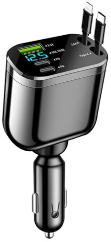 5 in 1 Retrattile Caricabatterie Auto, 80W Caricatore Auto USB C Ricarica Rapida, Presa USB Auto con Voltmetro LED Compatibile con Cellulare Intelligente, Tablet, ecc