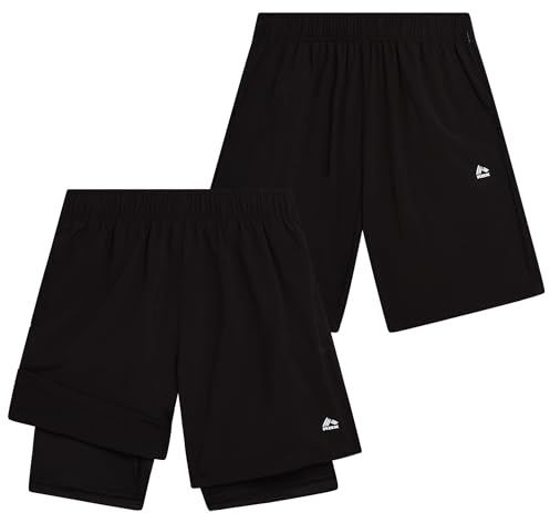 RBX Boys Athletic Shorts - 2 Pack Basketball Shorts with Compression Liner & Pockets Shorts for Boys - Gym Kids Activewear, Size 14-16, Black/Black