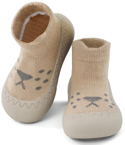 LACOFIA Zapatos Primeros Pasos Calzado Bebé Niños Niñas Calcetines Antideslizantes Bebé con Suela de Goma León Café 18-24 Meses