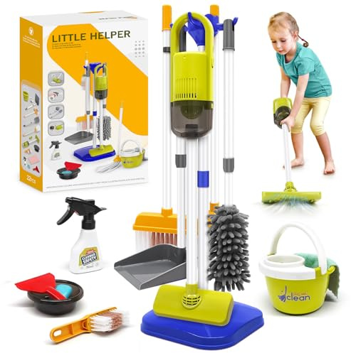 Dreamon Aspiradora Juguete con Función de Succión, 14 Piezas Set Limpieza Juguete, Aspiradora Juguete15×56cm, Juguete de Limpieza para Niños Niñas a Partir de 3 Años (Azul)