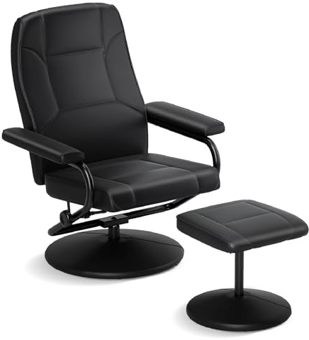 COSTWAY Swivel Recliner Chair with Footstool, Faux Leather Executive Reclining Armchair and Ottoman with Adjustable Backrest, Padded Seat Lounge Chair for Living Room, Bedroom and Office (Black)