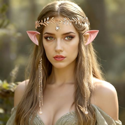 JeVenis Renaissance Elf Costume Gloves Renaissance Headpiece Woodland Fairy Crown Headband Elf Ears Forest Elf Renaissance Halloween Wedding Bridal Shower