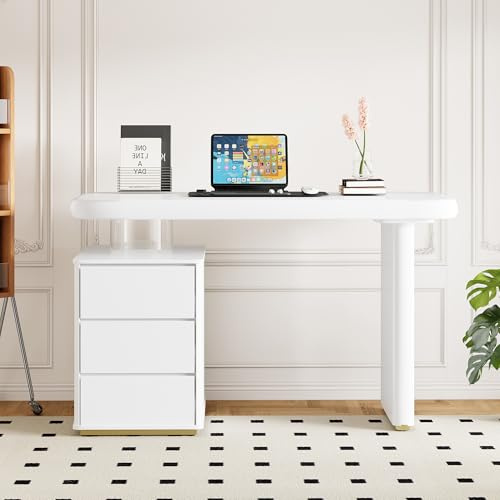 Ligterra Escritorio, mesa de ordenador, mesa auxiliar, cómoda, completamente barnizado, forma de nube, 3 cajones, tapa y patas gruesas, curvas redondeadas, más estable, 117 × 50 × 74 cm (blanco)