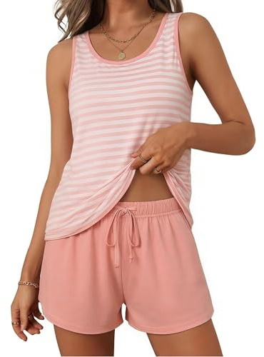 Litherday Pyjama Femme Ete sans Manches Rayures Horizontales Pyjashort Deux Pièces Été Confortable Coton Doux Rose L