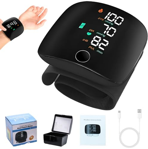 Tensiometro de Muñeca, Monitor de Presión Arterial de Muñeca con Pantalla LCD, Carga USB Portátil, Brazalete Ajustable, Memoria 2 * 99 para Uso Doméstico y de Viaje