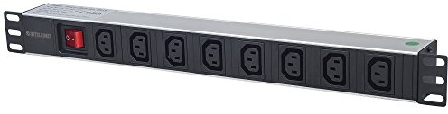 Intellinet 163620 19 8-fach Steckdosenleiste C13-Kaltgerätesteckdosen (PDU mit abnehmbarem Stromkabel 2m und rückseitigem C20-Stromeingang) 1 HE schwarz/silber