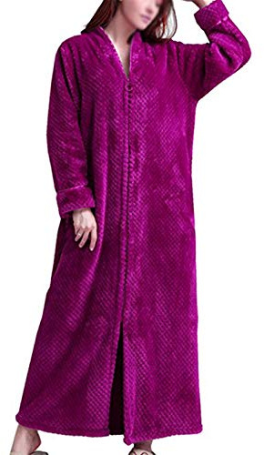 DSNOW Ladies Zip Fleece Waffle Long Dressing Gown Fluffy Towelling Bathrobe Sleepwear, Red Rose, L
