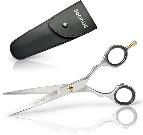Socialic® Haarschere inkl. Etui – Extra scharfe Haarschneideschere (16,5 cm) aus Karbonstahl zum Schneiden, Haar Styling und als Bart Trimmer | präzise Profi Friseurschere für Damen, Herren und Kinder