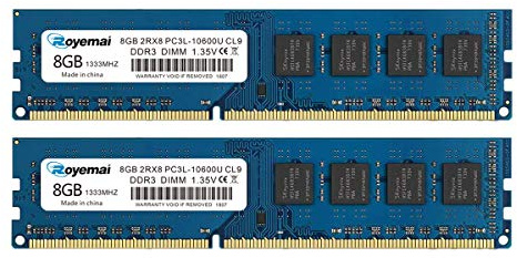 16GB Kit (2X8GB) DDR3 10600 RAM, DDR3 1333 8GB PC3L-10600U DDR3L Dimm 2Rx8 1.35V/1.5V CL9 Desktop RAM Memory for Desktop Computer