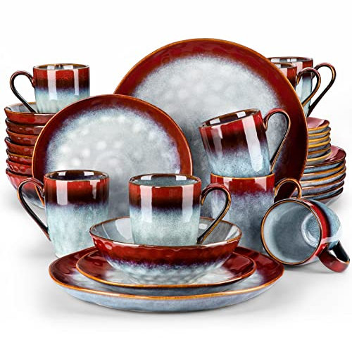 vancasso Starry Red Dinner Set, Reactive Glaze Dinnerware Tableware, 32-Piece Dinner Service with 11in Dinner Plate, 8in Dessert Plate, 7in Bowl and 330ml Mug, Service for 8
