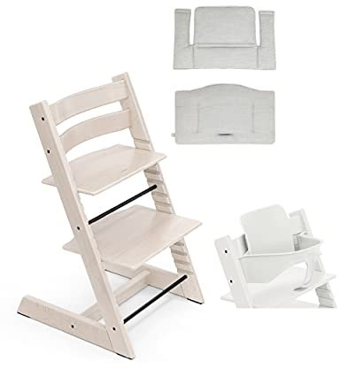 Tripp Trapp Bundle - Trona con cojín Classic Nordic Grey OCS y set para bebé incluido, color blanco lavado