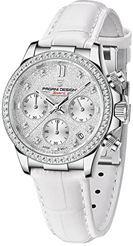 HaiQin Pagani Design Ladies Luxury Business Watches Multifunction Chronograph Stainless Steel Japanese Quartz Movement Synthetic Sapphire Mirror Leather Strap Diamond Waterproof Watch (White)
