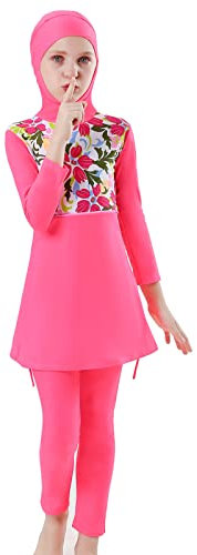 Badeanzug Mädchen Kinder Burkini Muslim Muslimische Full Cover Schwimmanzug Islamisch Arabisch Jilbab Top Shorts Hijab Wassersport Surfen Outfit Ganzkörper Modest Bademode Rosa Langarm 11-12 Jahre