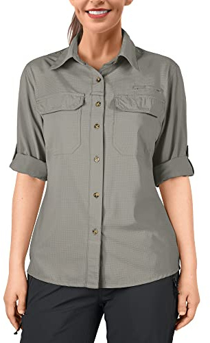 33,000ft Women's Hiking Shirts UPF50+ UV Protection Outdoor Shirt Quick Drying Casual Shirt Long Sleeve Functional Shirt Fishing Shirt for Walking Safari Travel Golf Grey Green S