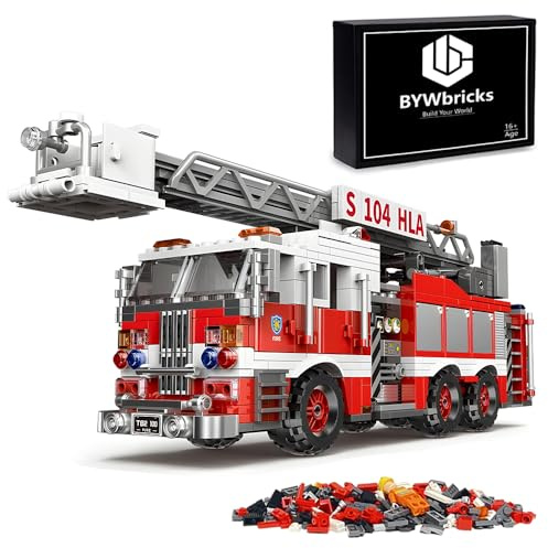 BYWbricks City Ladder Fire Truck Building Blocks Set (711 pcs) Toy Station Firetruck Bricks Collectible Fire Engine Building Kit Model Gift for Boys and Girls Adults Christmas and Birthday