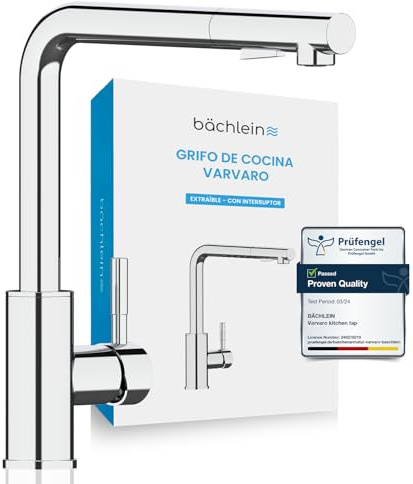 Bächlein Küchenarmatur Varvaro – 360 Grad schwenkbarer Wasserhahn für die Küche (chrom) – Einhand-Spültischbatterie aus Edelstahl mit ausziehbarem Schlauch und Brause mit Umschalter