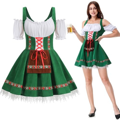 maxToonrain Costume Oktoberfest pour femmes, robe bavaroise de bière allemande, robe traditionnelle à manches courtes bouffantes pour Halloween pour femmes, A01-vert., S