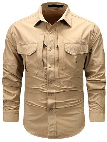 Rrongwn Chemise tactique pour homme - Séchage rapide - Chemise fonctionnelle à manches longues - Respirant - Pour homme - Boutonnée - Chemise de loisirs pour la randonnée, le camping, les voyages,