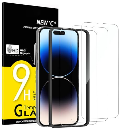 NEW'C 3 Pack Designed for iPhone 14 Pro Screen Protector (6.1 inches), Enhanced Tempered Glass Protection with easy installation tool included,Case Friendly Ultra Resistant