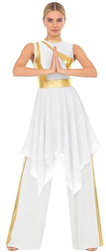 IEFIEL Traje de Baile para Mujer Vestido de Danza Cristiana de Litúrgica | con Pantalones Largo de Pierna Ancha de Baile Adoración Traje de Danza Contemporánea S-3XL