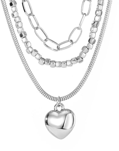 Clataly Silverhalsband i tre lager med hjärthänge, länkkedja och pärlkedja, damsmycken, Regolabile, Silver Metall, Ingen ädelsten