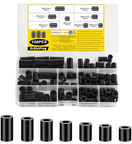 120 Pz Distanziali Rotondi in Nylon, M6 Rondelle Plastica Nere, Spessori in Plastica, Manicotti Distanziatori Isolanti, Rotonde in Nylon Non Filettate Gomma ABS per Viti Circuito Stampato