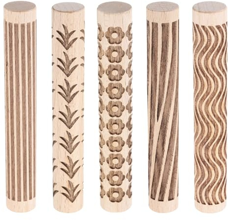 QUARKZMAN 5 stycken lerrulle i trä 10 cm (10 tum) trälinjer mönster kavel krukverktyg rulle för lera deg playdough DIY