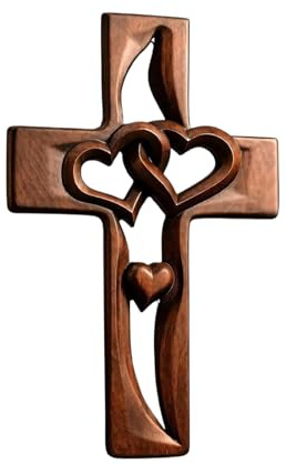 Croce di legno con cuori intrecciati intagliati a mano, croce di matrimonio in legno stile vintage con cuori intrecciati per la casa cristiana, regalo di nozze, decorazione del soggiorno della casa