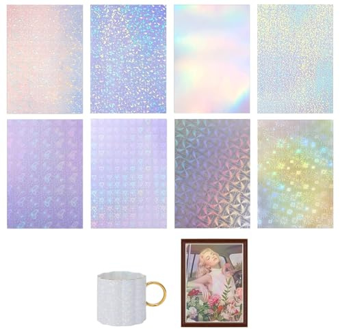 GZRXIOUS 32 Sheets Holographic Sticker Paper, 8 Styles of Glitter Film, Vinyl Holographic Sticker Paper, Transparent Self-Adhesive Hologram Film, Overlay Adhesive Film, for Stickers and DIY Decoration