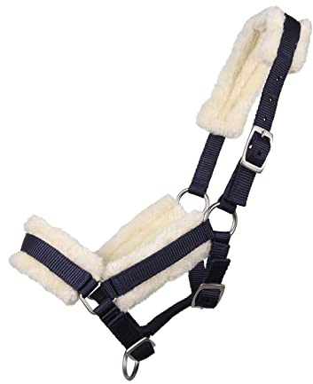 JA Horse JA4020 - Cabestro para potro con forro de piel, suave, con imitación de lana, ajustable en 3 posiciones, para potros jóvenes (azul marino, falabella/potros)