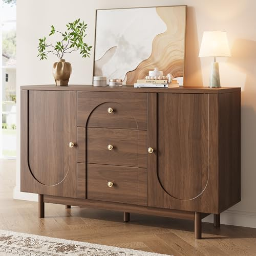 oneinmil Sideboard, Wooden Sideboard Cabinet with Adjustable Shelf, 3 Drawers and 2 Doors, Modern Cabinet for Living Room, Hallway, Kitchen, Walnut