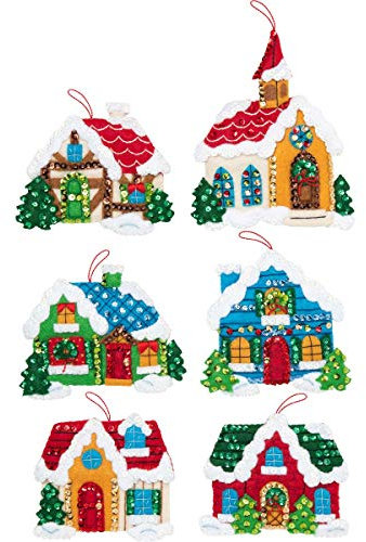 Kariertes Filz-Ornament-Set, Baumwolle, Weihnachtsdorf, Einheitsgröße
