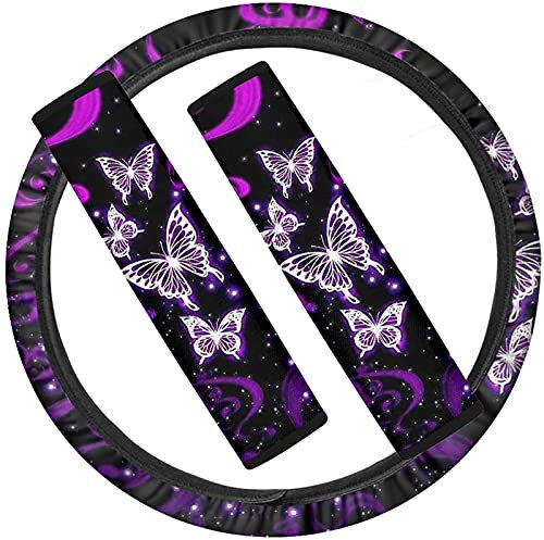 NETILGEN, Set completo da 3 pezzi con coprivolante e cuscinetti per cinture di sicurezza per auto, con stampa con farfalla viola stile galassia, unisex, accessori per interno dell'auto