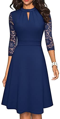 HOMEYEE Robe de Cocktail Plissée à Manches en Dentelle Creuse pour Femme A234 (L, Marin)